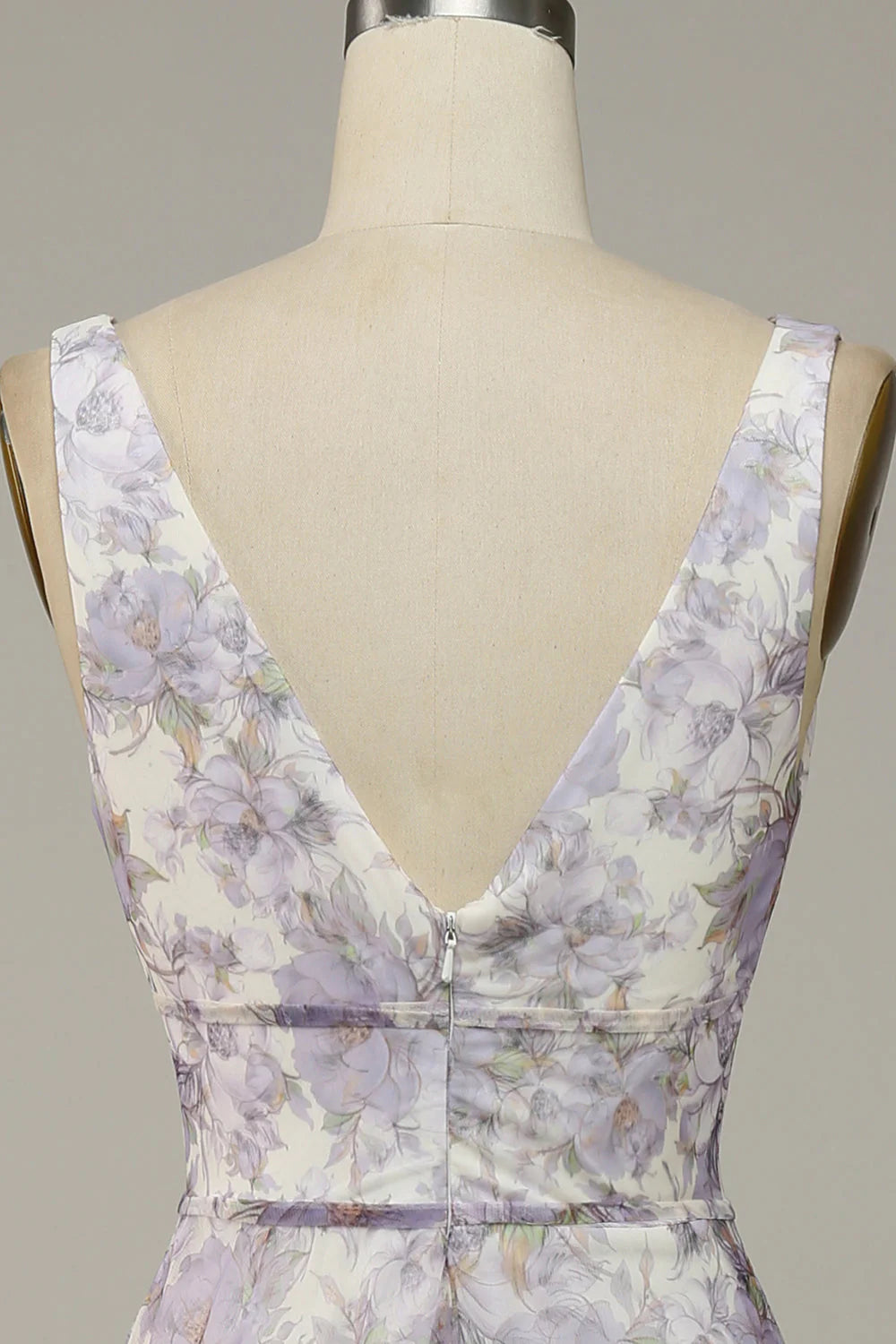 Ivory Purple A Line V-Neck Printed Prom Dress With Slit