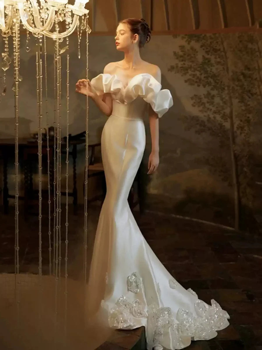 Ivory Satin Mermaid Wedding Dress with Off-the-Shoulder Ruffled Puff Sleeves, Sweetheart Neckline & Beaded Lace Train