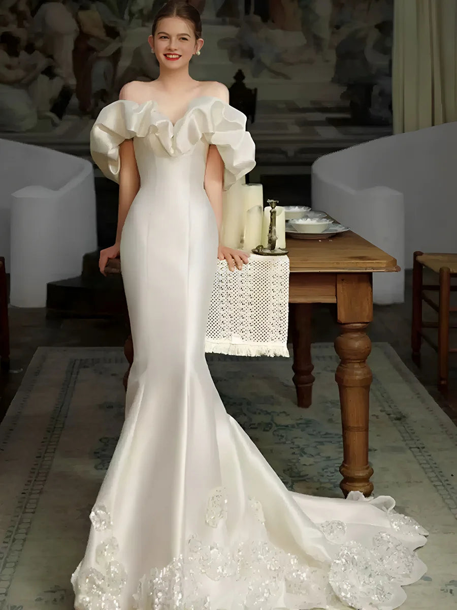 Ivory Satin Mermaid Wedding Dress with Off-the-Shoulder Ruffled Puff Sleeves, Sweetheart Neckline & Beaded Lace Train