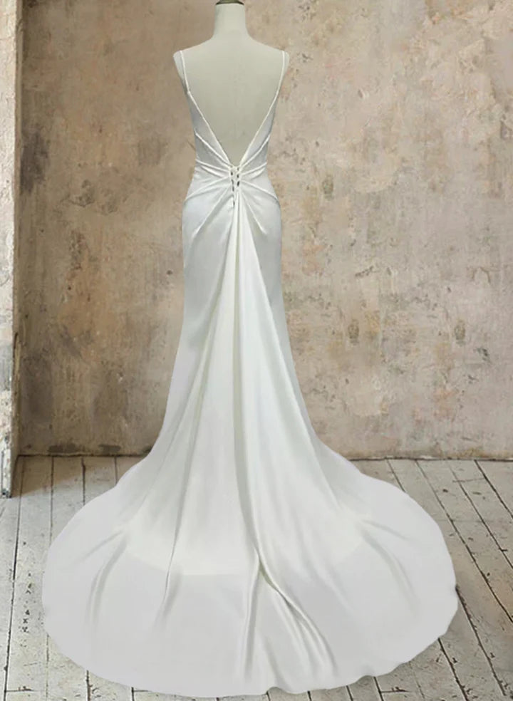 Ivory Satin Mermaid Wedding Dress with Plunging V-Neck, Low Open Back, Ruched Waist & Chapel Train