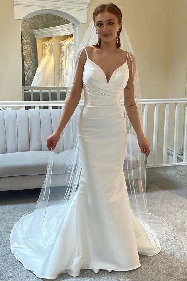 Ivory Spaghetti Strap Backless Trumpet Wedding Dress