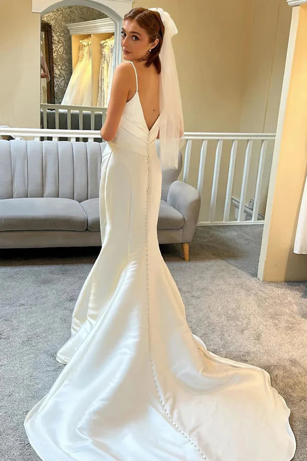 Ivory Spaghetti Strap Backless Trumpet Wedding Dress