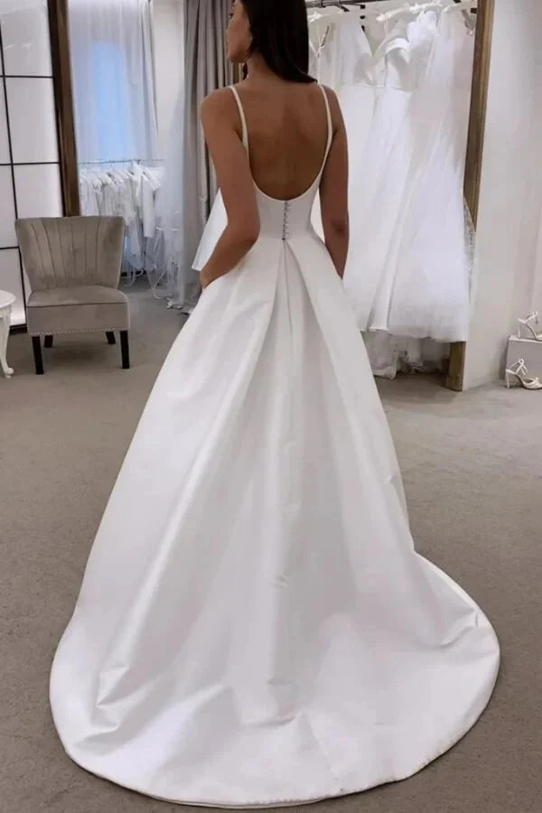 Ivory Spaghetti Straps Simple Wedding Dress With Sweep Train