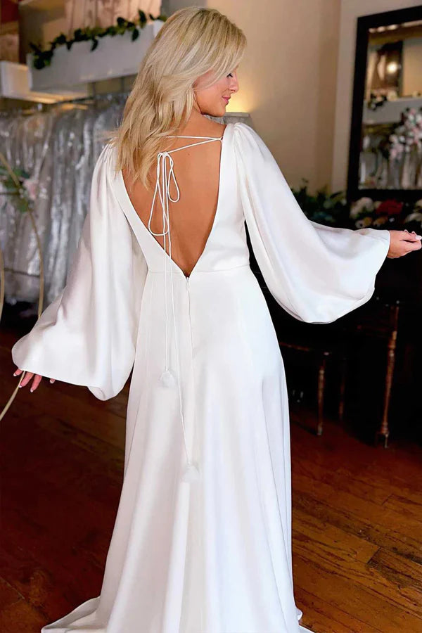 Ivory V-Neck Long Sleeve Wedding Dresses Simple Wedding Dresses