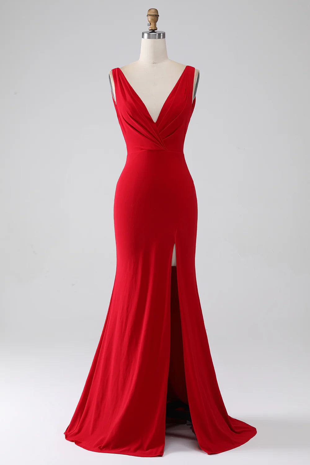 Elegant Mermaid Deep V Sleeveless Draped Back Ruched Jersey Train Evening Dress