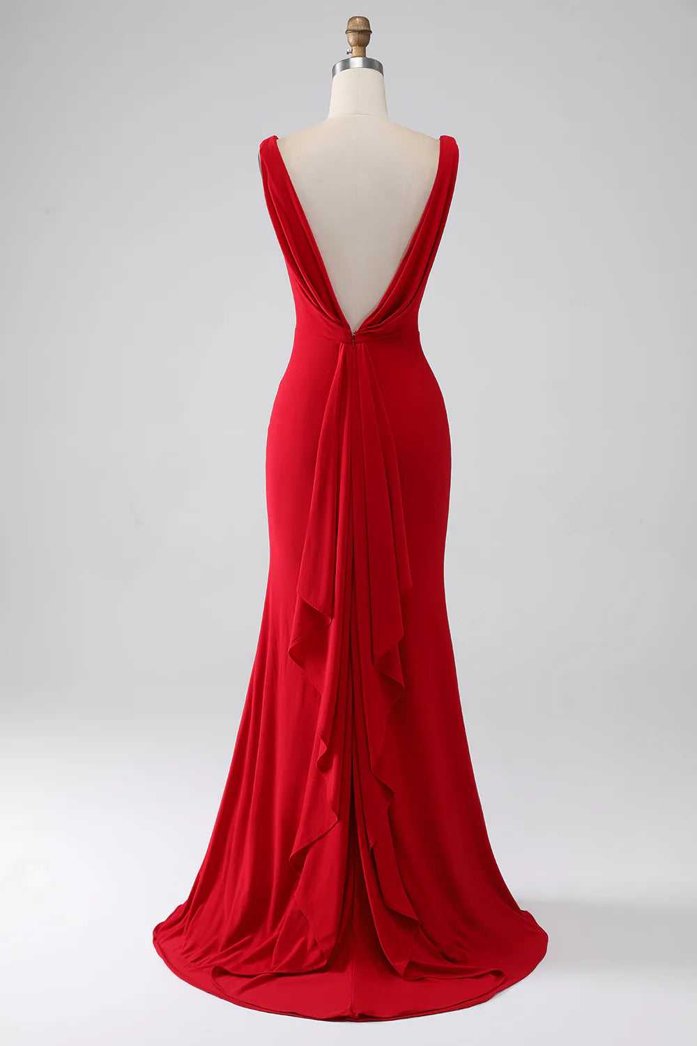 Elegant Mermaid Deep V Sleeveless Draped Back Ruched Jersey Train Evening Dress