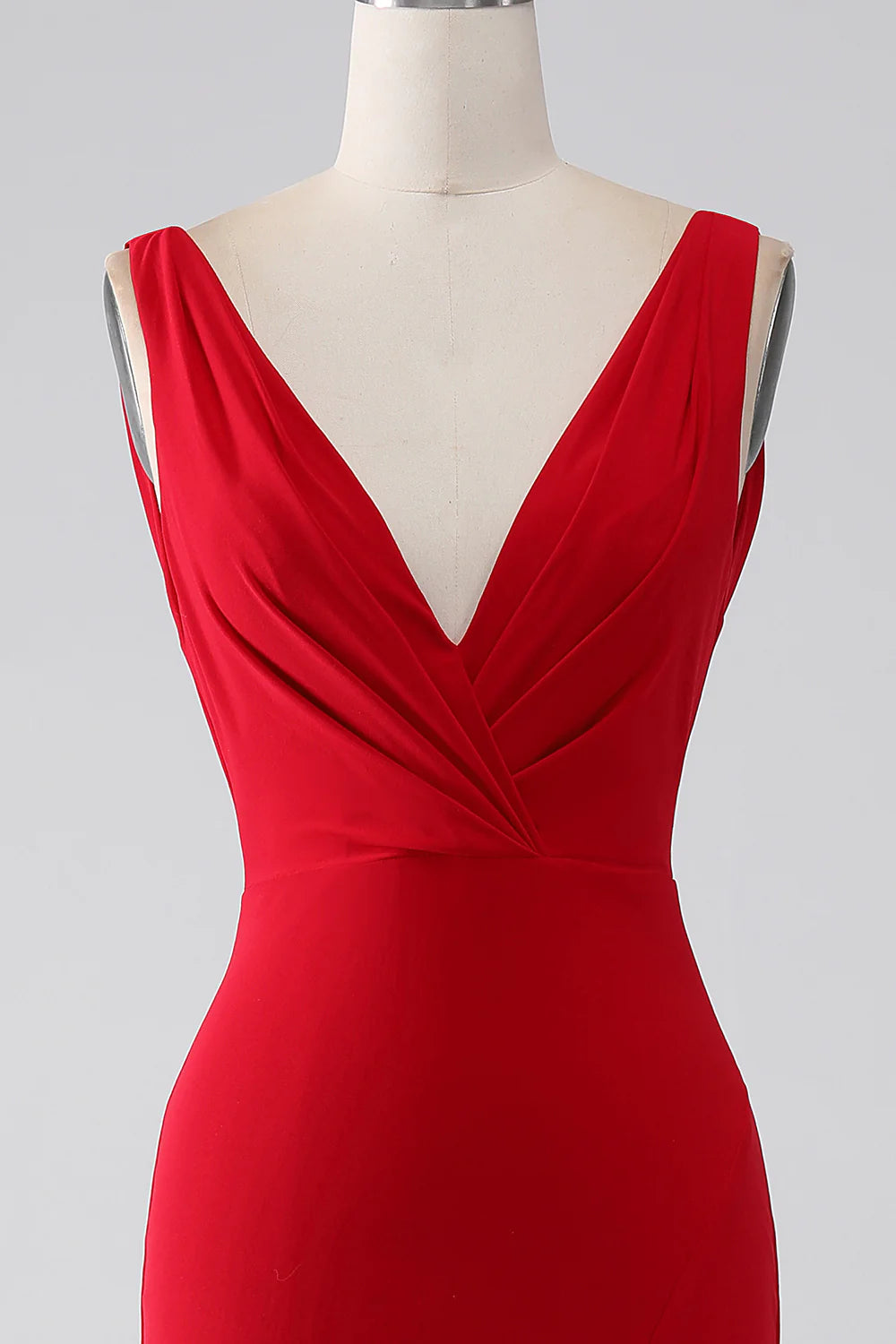Elegant Mermaid Deep V Sleeveless Draped Back Ruched Jersey Train Evening Dress