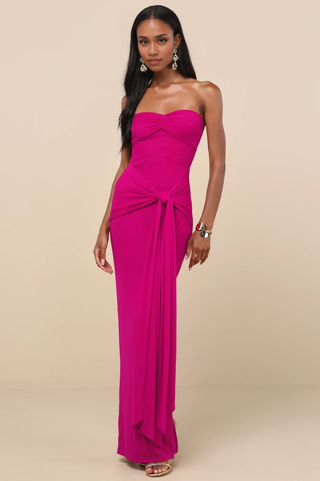 LANQI's charming mesh knit fabric strapless heart-shaped neckline pleated cross knot decoration Prom Dresses