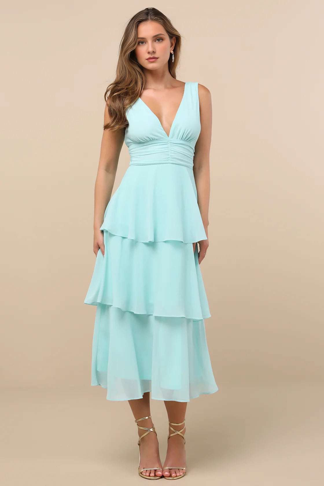 LANQI's elegant woven chiffon sleeveless layered mid length ruffle edge layered Homecoming Dresses