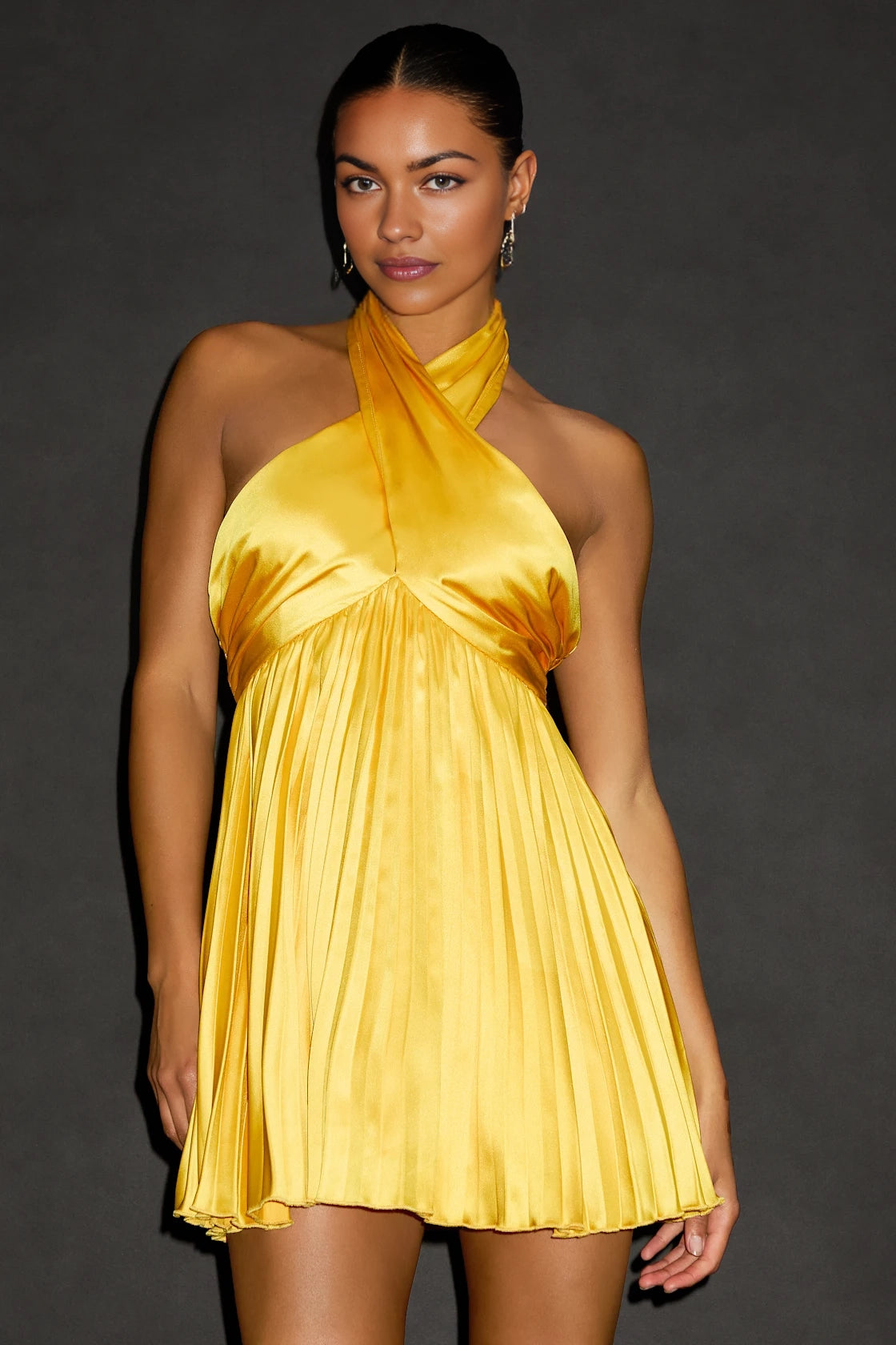 LANQI's stunning smooth satin halter neckline, crossed front, high waisted A-line skirt, Homecoming Dresses