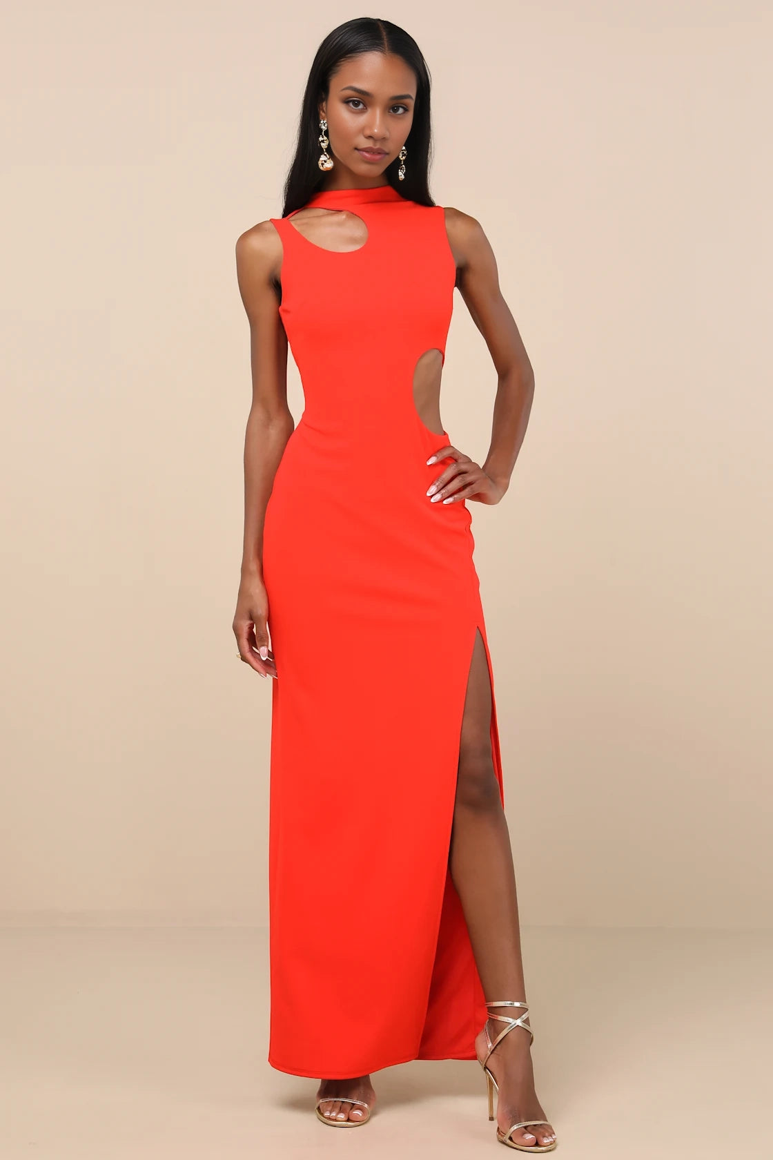LANQI slim fit straight tube shaped stand collar with hollowed out side slits Prom Dresses
