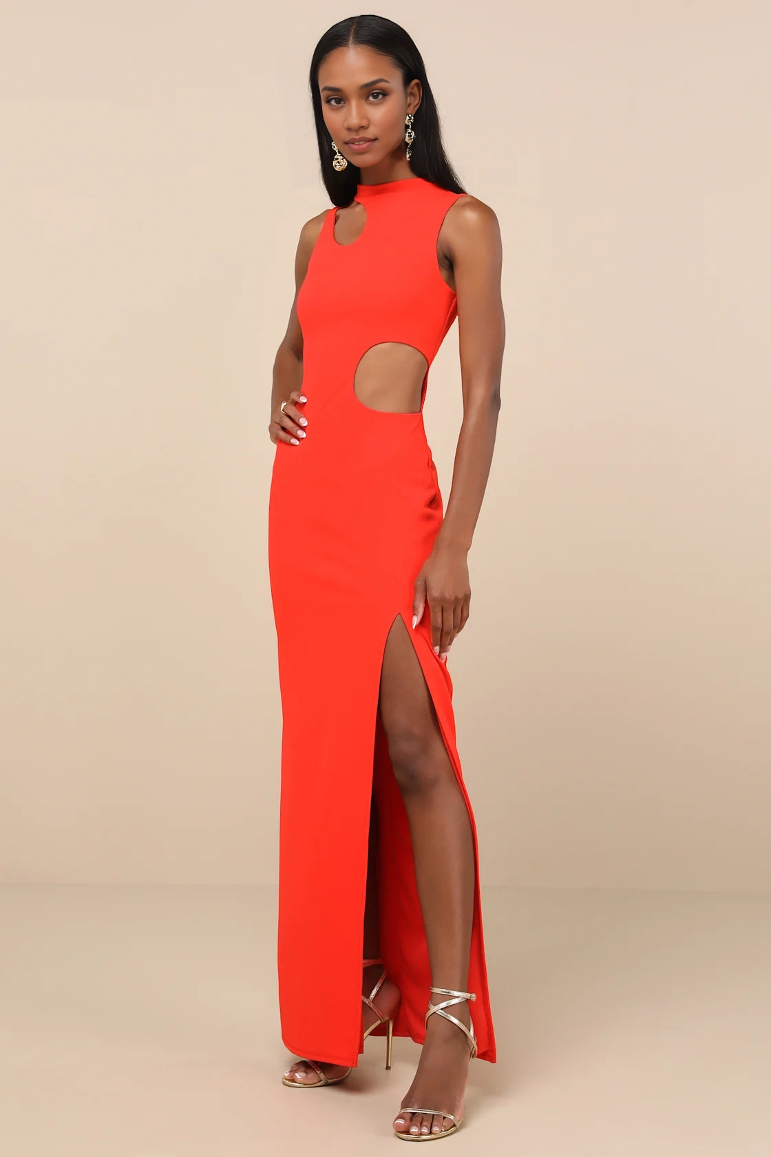 LANQI slim fit straight tube shaped stand collar with hollowed out side slits Prom Dresses