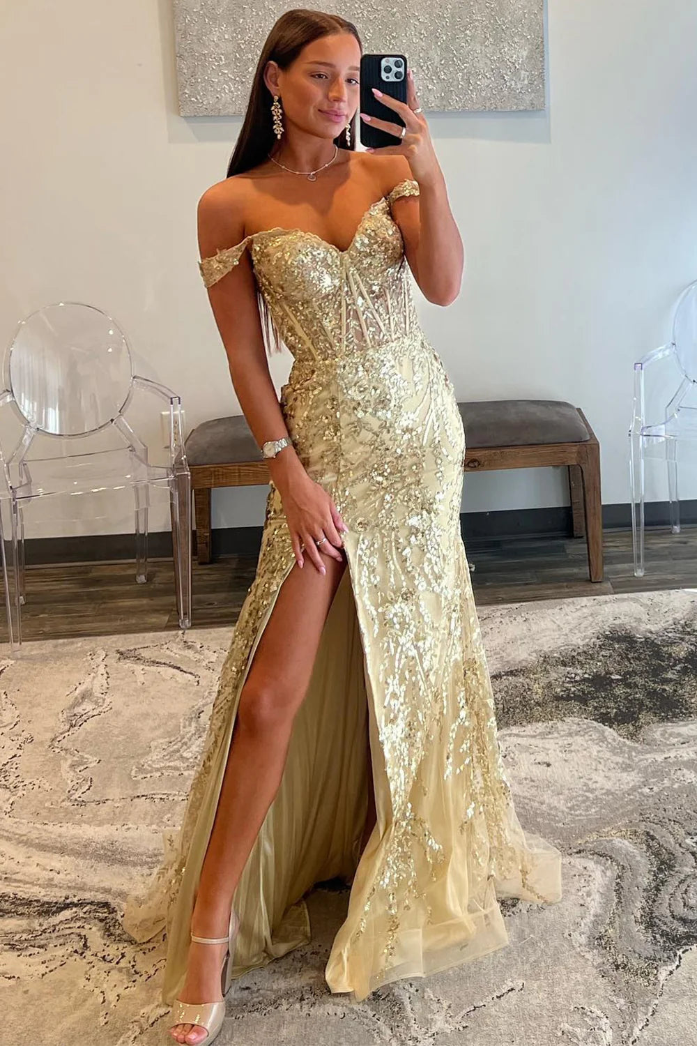 Golden Sparkly Off The Shoulder Mermaid Long Prom Dress