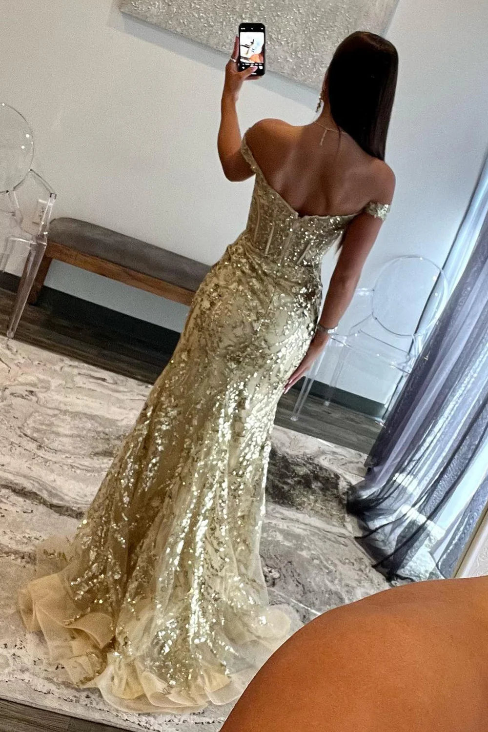 Golden Sparkly Off The Shoulder Mermaid Long Prom Dress