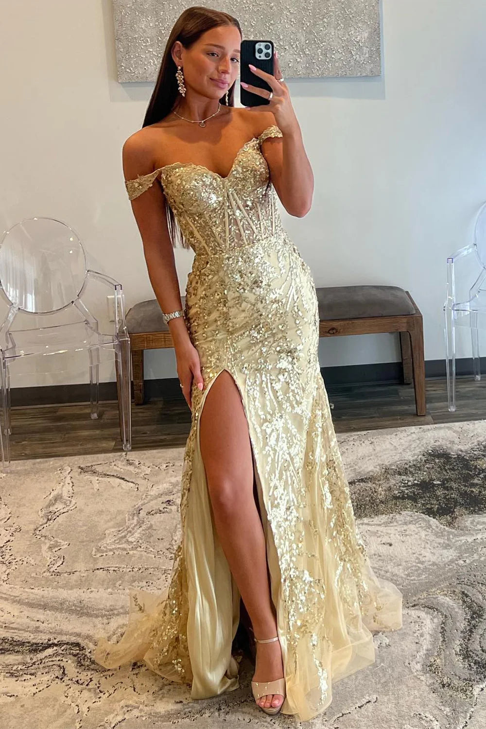 Golden Sparkly Off The Shoulder Mermaid Long Prom Dress