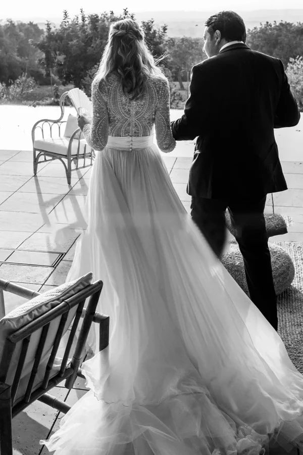 Lace Beading A-Line Tulle Long Sleeves Wedding Dress