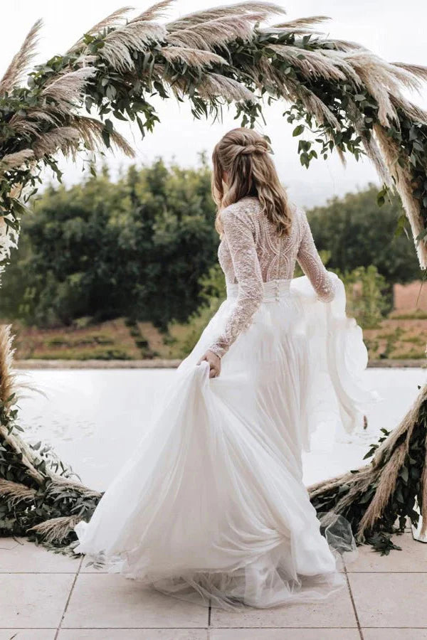 Lace Beading A-Line Tulle Long Sleeves Wedding Dress