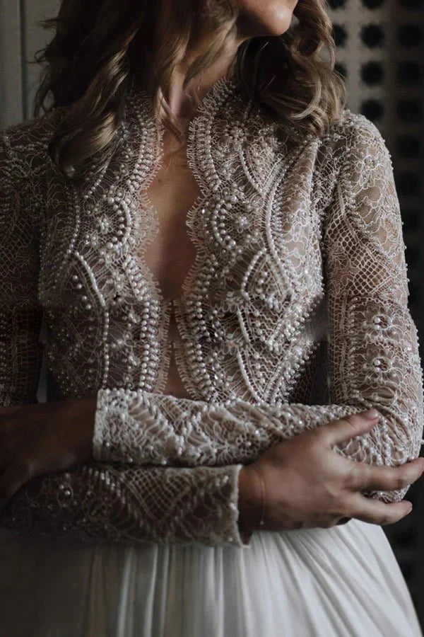 Lace Beading A-Line Tulle Long Sleeves Wedding Dress