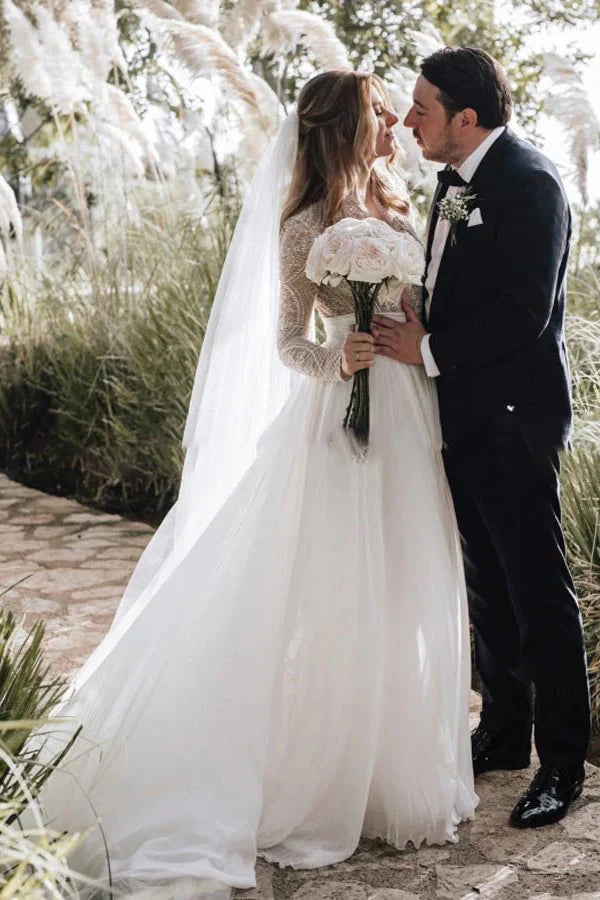 Lace Beading A-Line Tulle Long Sleeves Wedding Dress