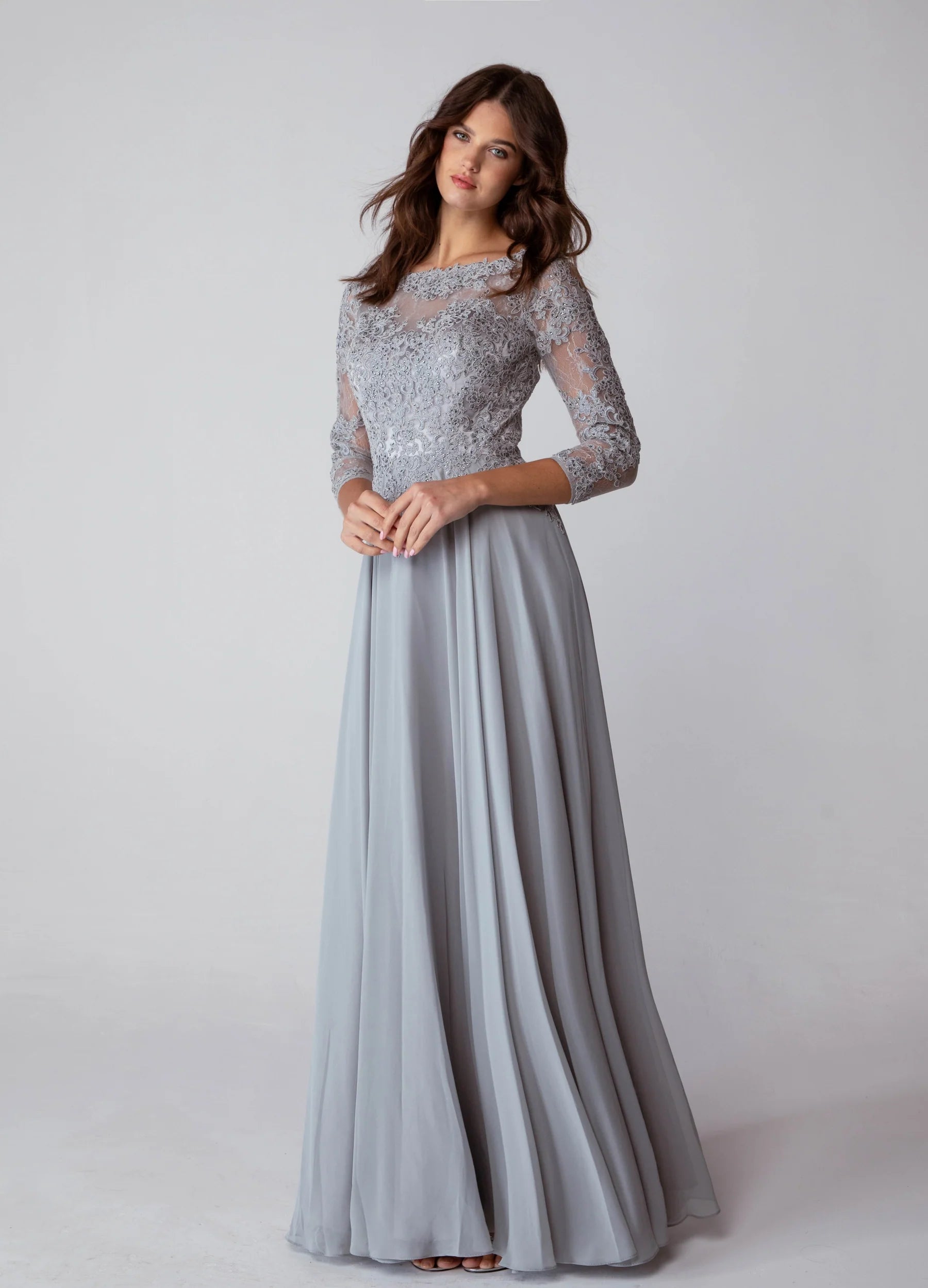 Lace Chiffon A-Line Bateau Neck 3/4 Sleeve Floor Length Prom Dress