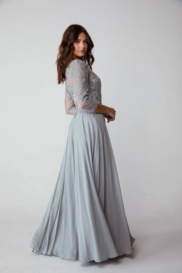 Lace Chiffon A-Line Bateau Neck 3/4 Sleeve Floor Length Prom Dress