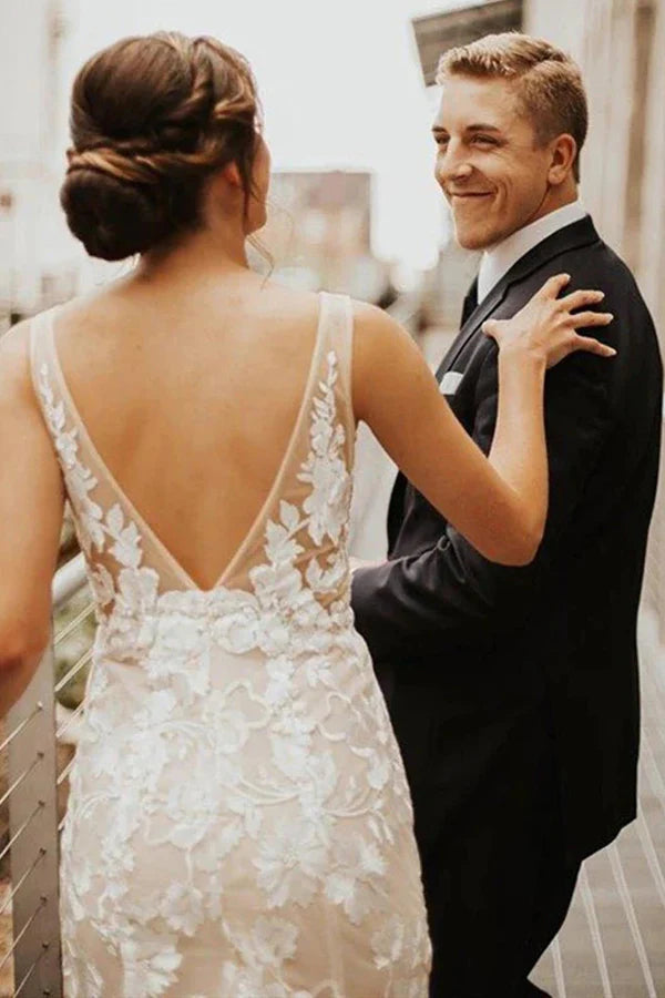 Lace Deep V-neck Bohemian Wedding Dress Mermaid Bridal Gown