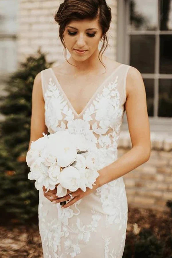 Lace Deep V-neck Bohemian Wedding Dress Mermaid Bridal Gown