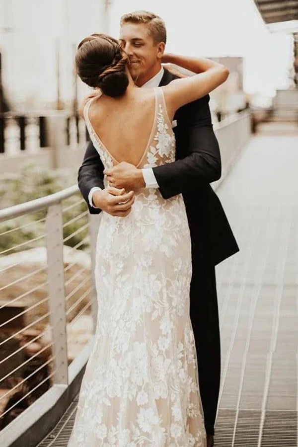 Lace Deep V-neck Bohemian Wedding Dress Mermaid Bridal Gown