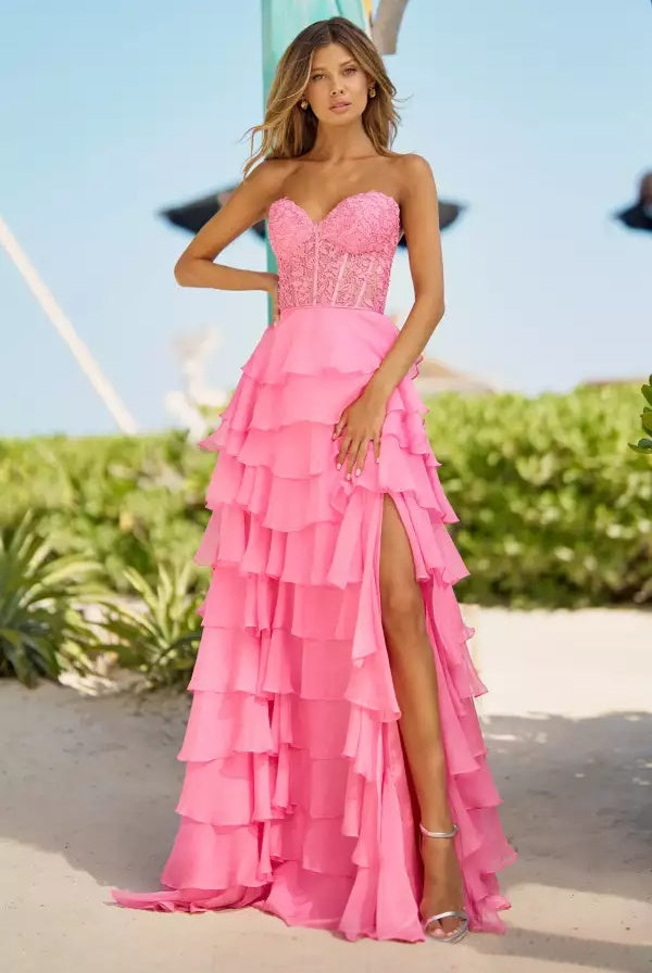 Lace Tiered Strapless Sweetheart Corset Lace Up Back Slit Long Evening Dress