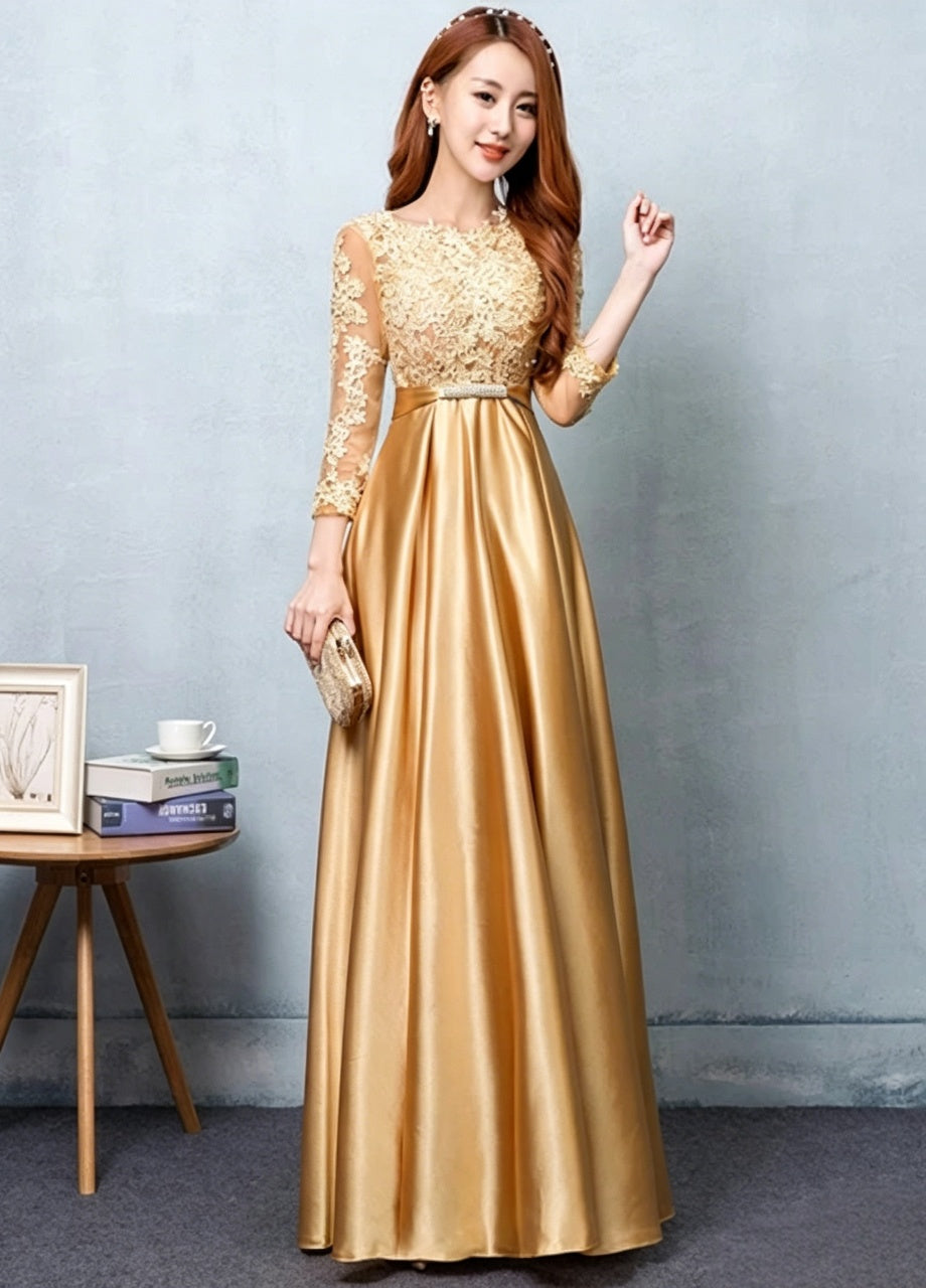 Lace satin A-line round neck three-quarter sleeve bow back floor-length evening dress