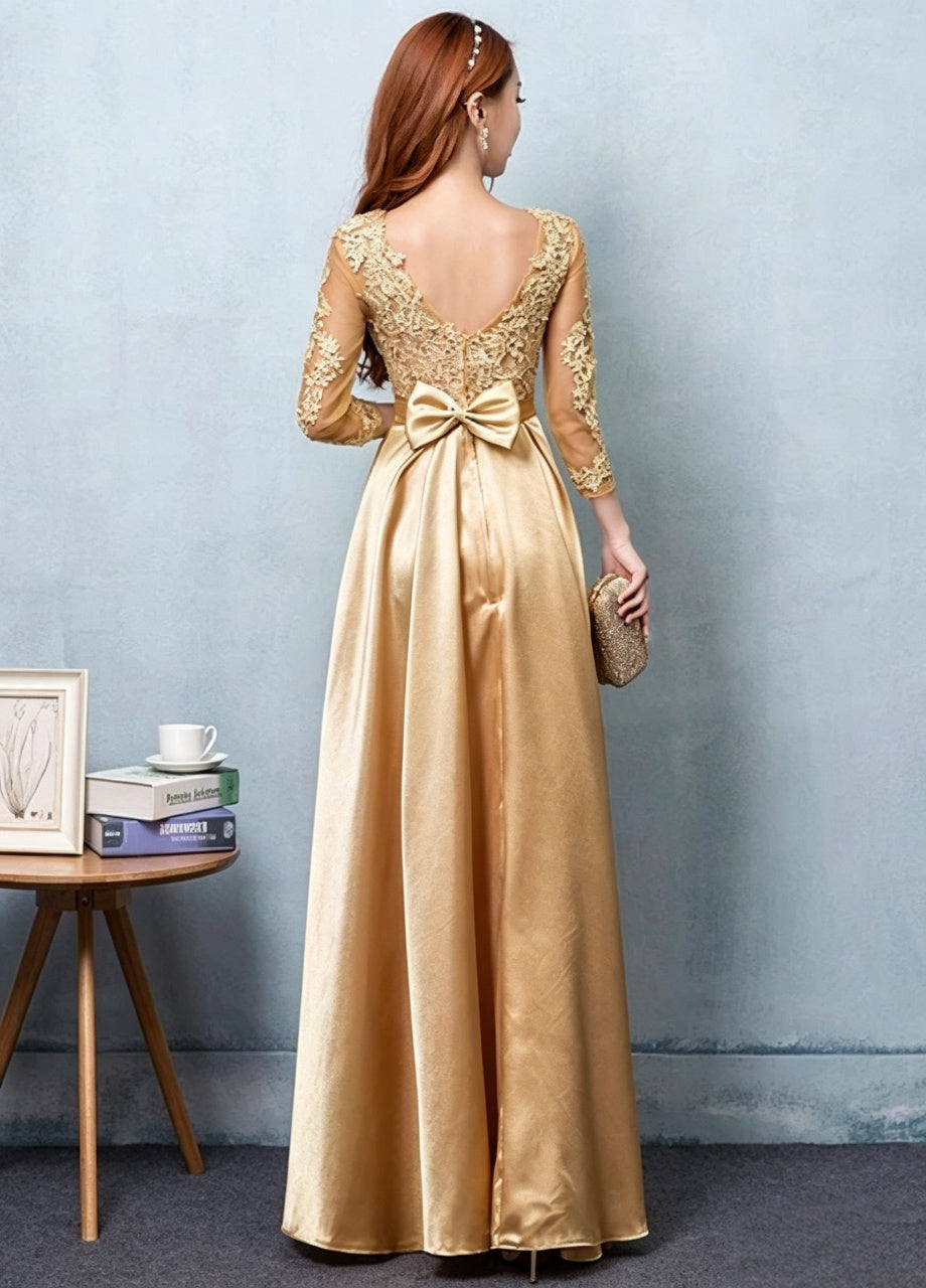 Lace satin A-line round neck three-quarter sleeve bow back floor-length evening dress