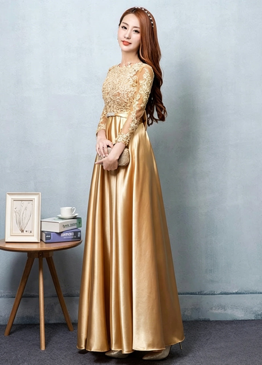 Lace satin A-line round neck three-quarter sleeve bow back floor-length evening dress