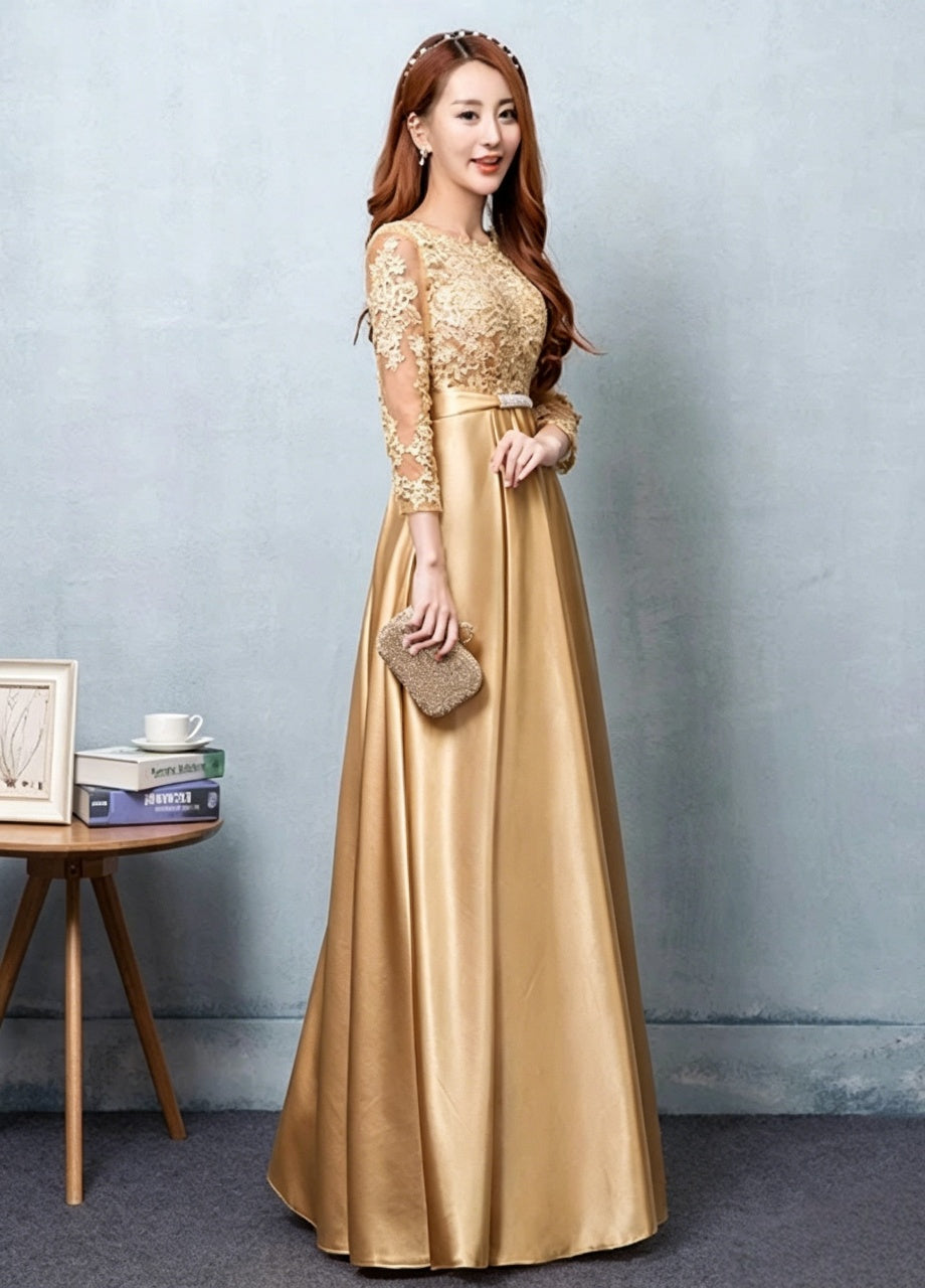 Lace satin A-line round neck three-quarter sleeve bow back floor-length evening dress