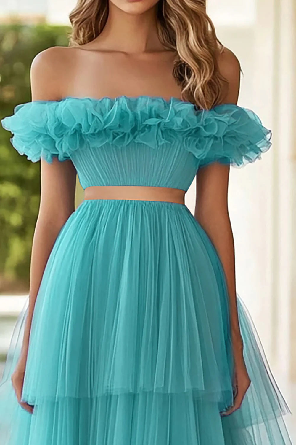 Lake Blue A Line Tulle Off the Shoulder Long Prom Dress