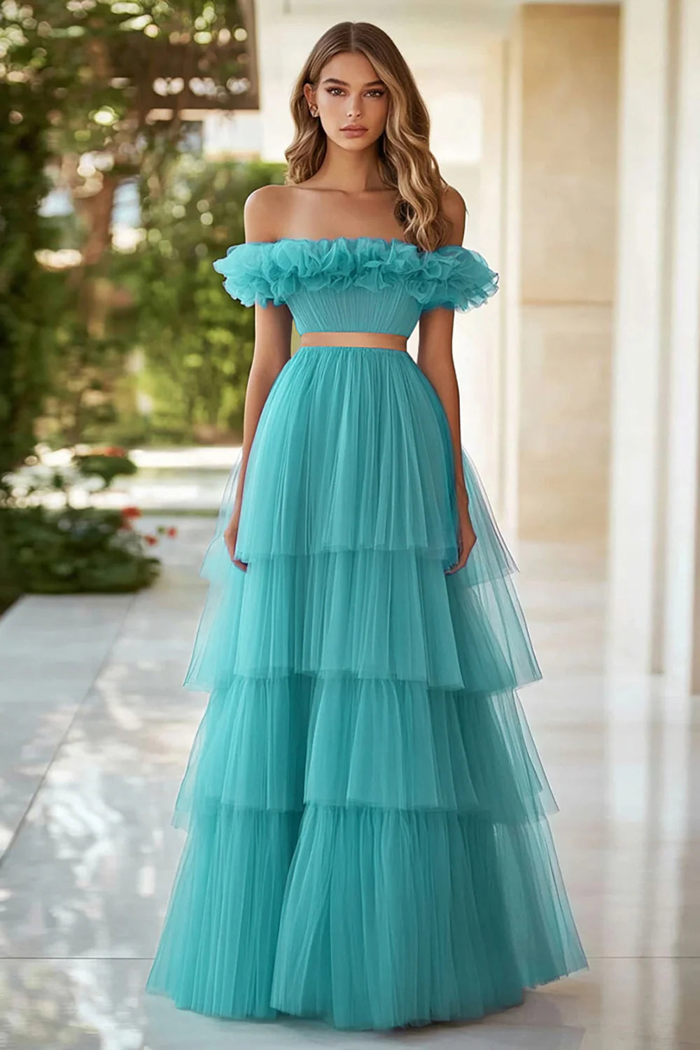 Lake Blue A Line Tulle Off the Shoulder Long Prom Dress