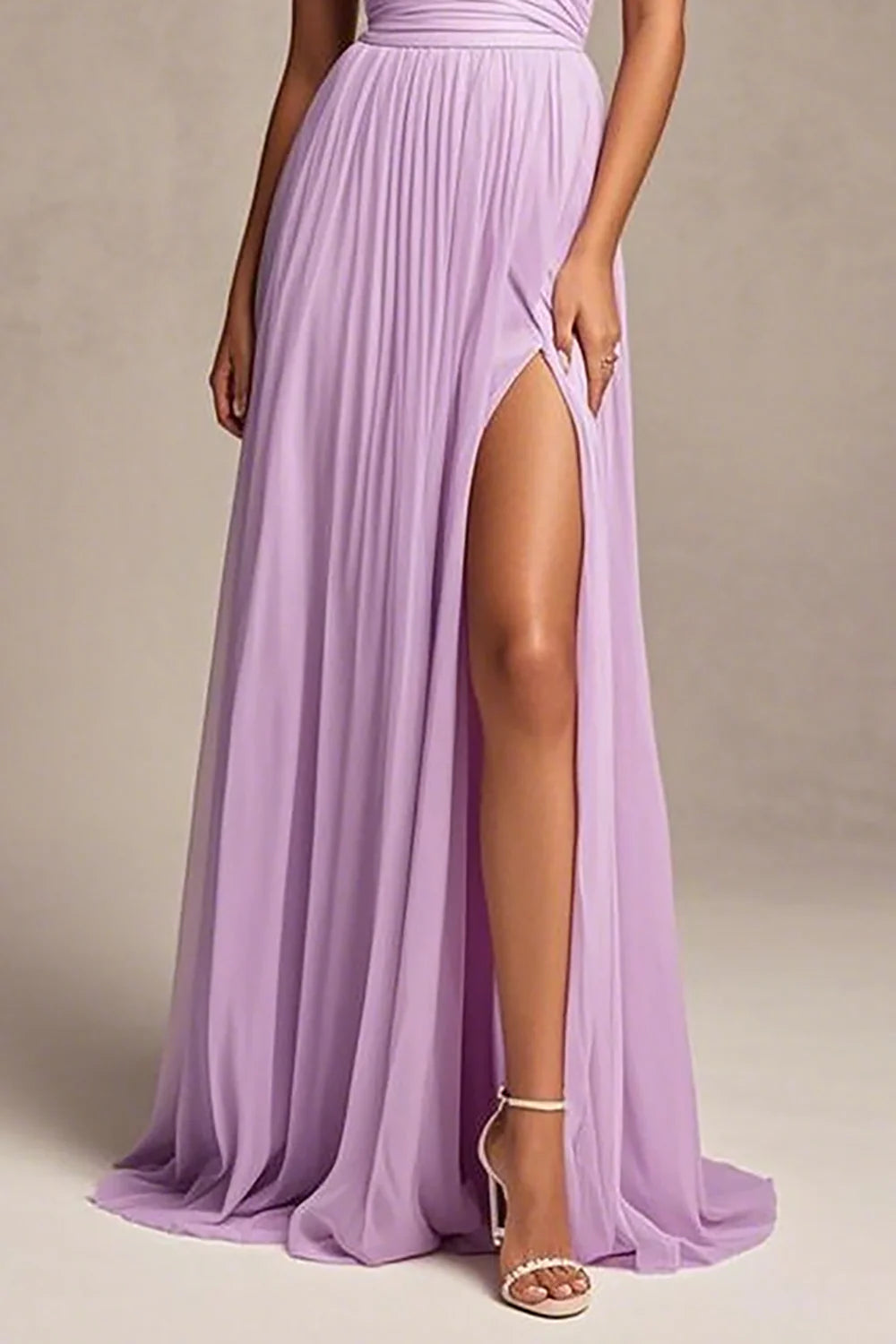 Lavender A-Line Strapless Pleated Floor-Length Prom Dress With Slit