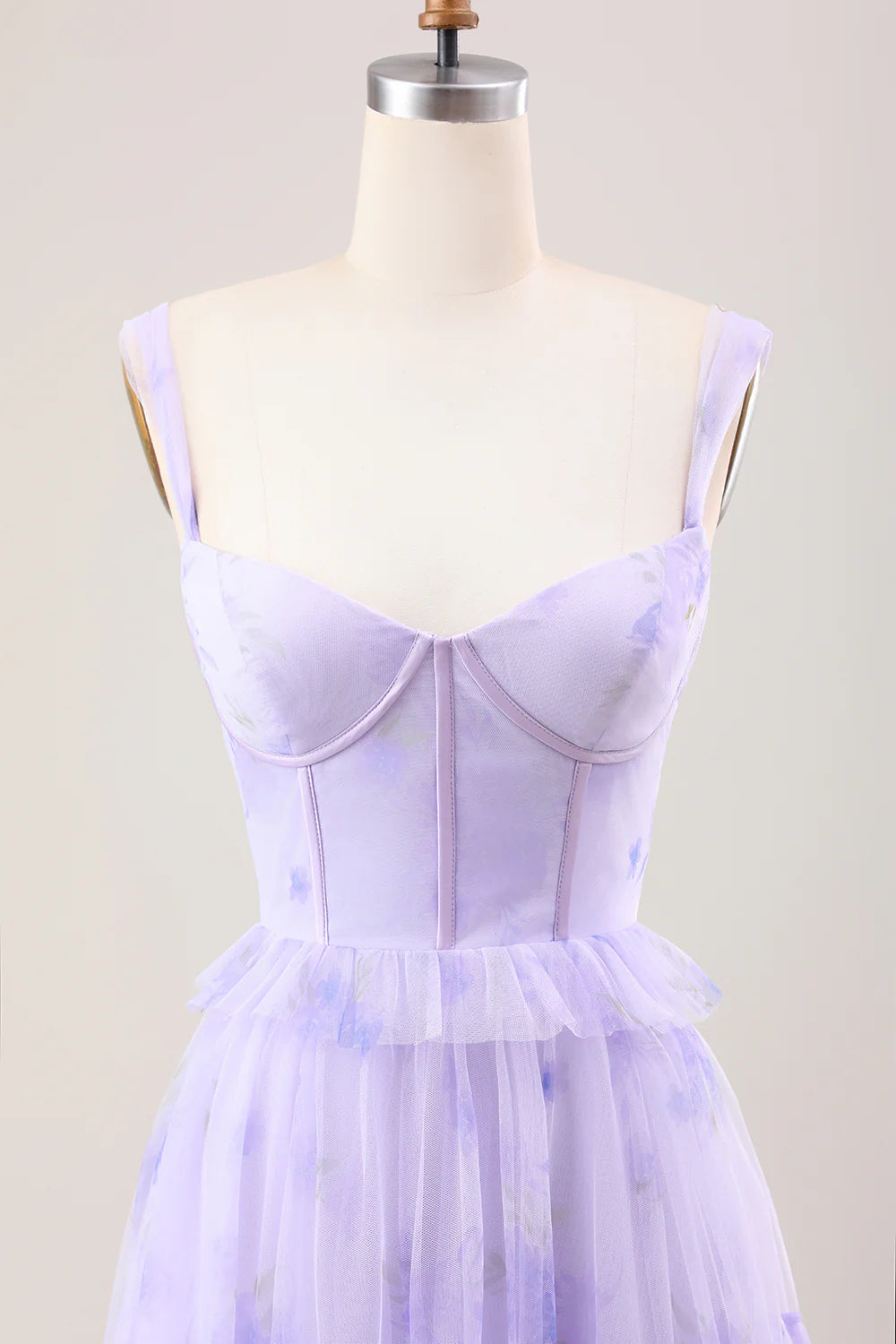 Lavender A Line Spaghetti Straps Print Tiered Corset Long Wedding Party Dress