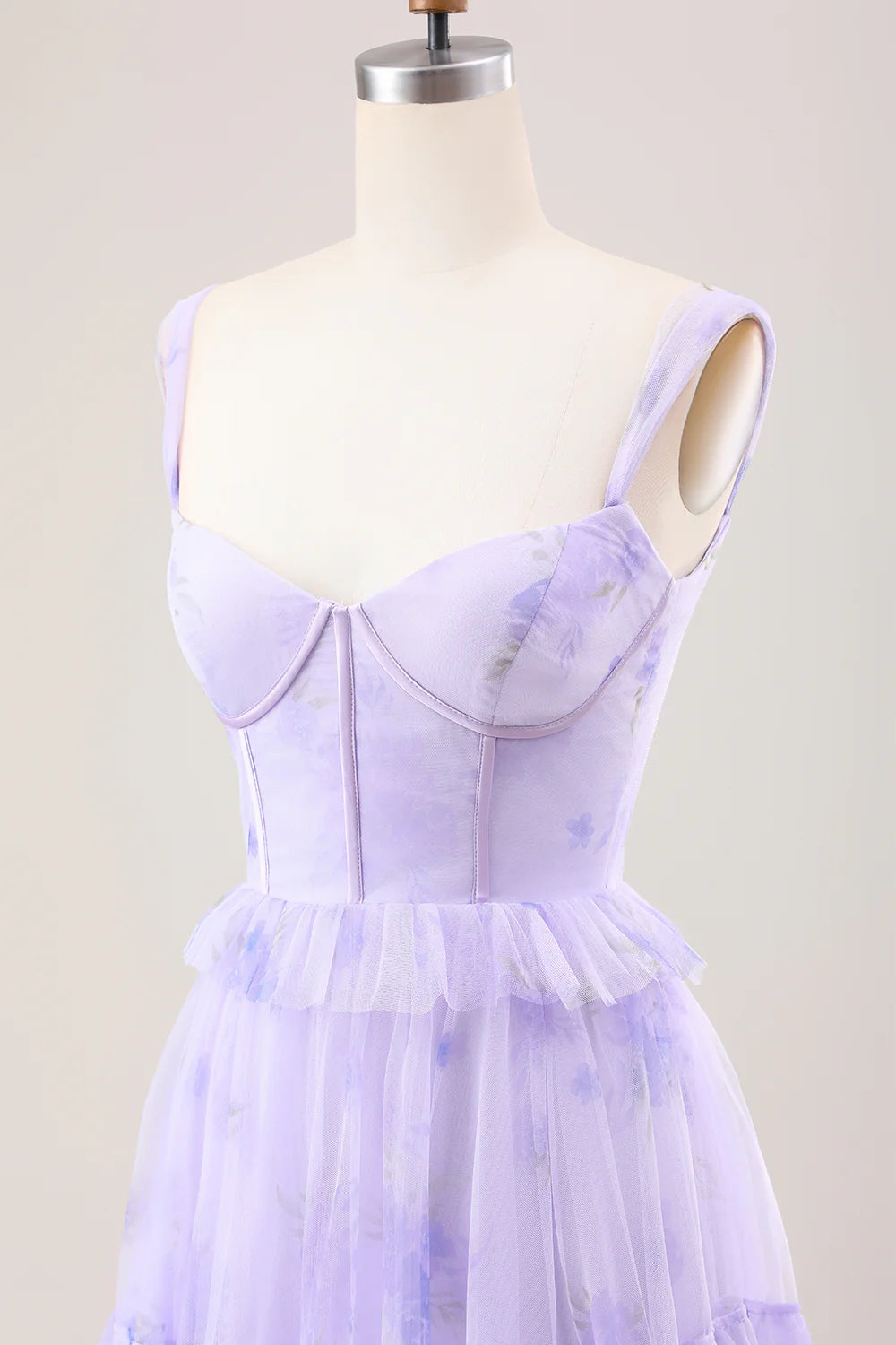 Lavender A Line Spaghetti Straps Print Tiered Corset Long Wedding Party Dress