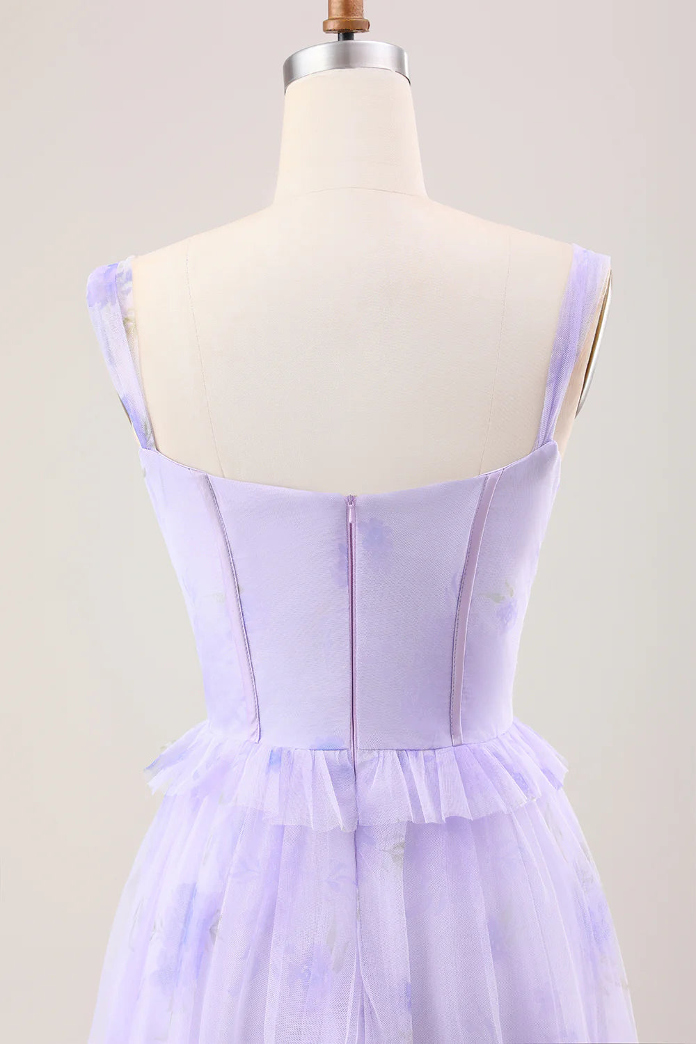 Lavender A Line Spaghetti Straps Print Tiered Corset Long Wedding Party Dress