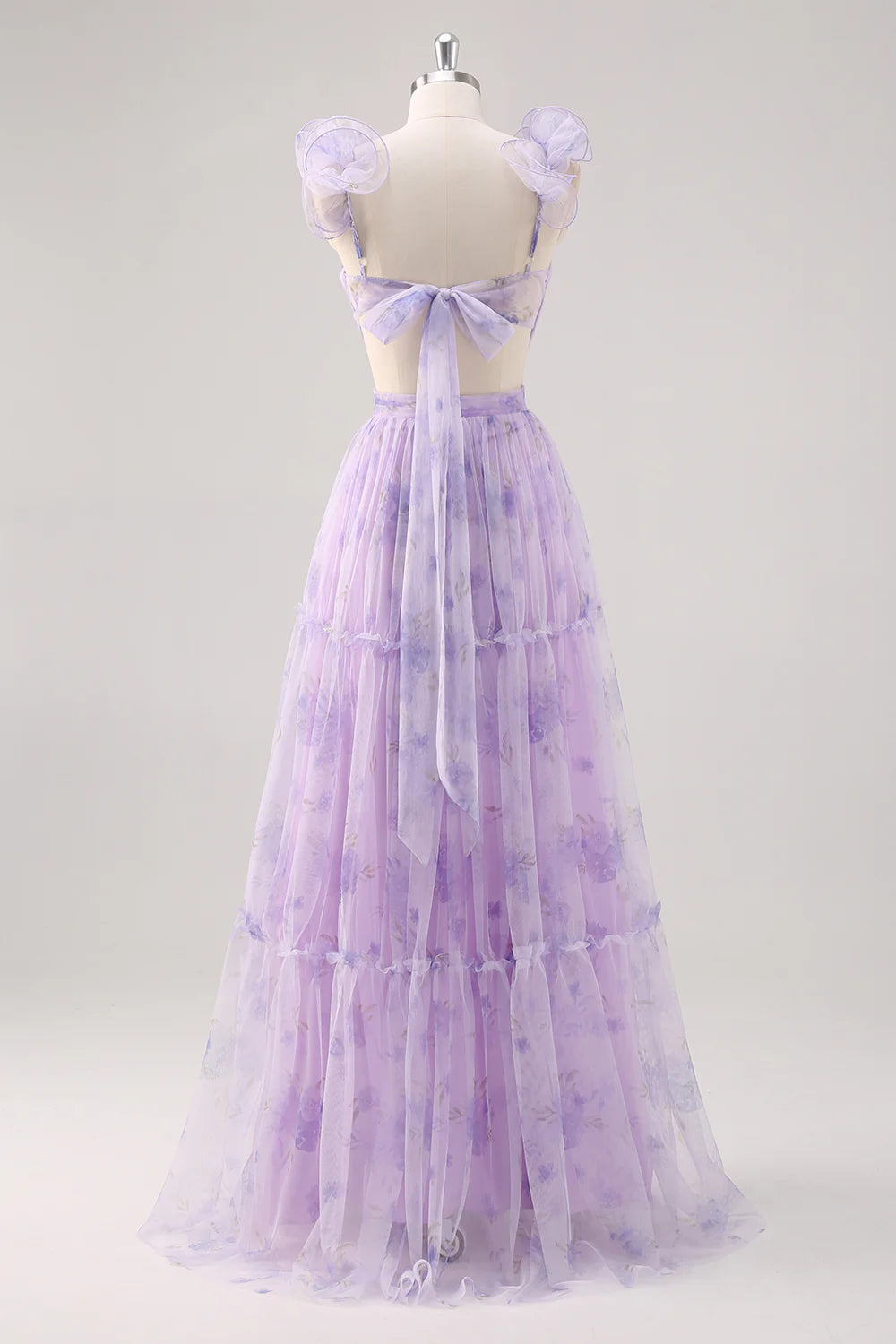 Lavender A Line V Neck Print Pleated Cut Out Bridesmaid Dress with Lace Up Back