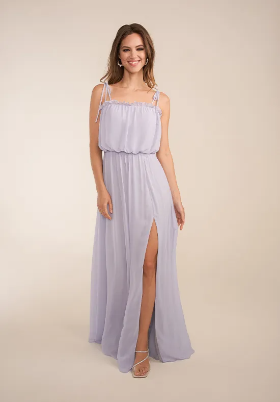 Lavender Chiffon Spaghetti Tie Strap Ruffled Blouson High Slit A-Line Floor Length Bridesmaid Dresses
