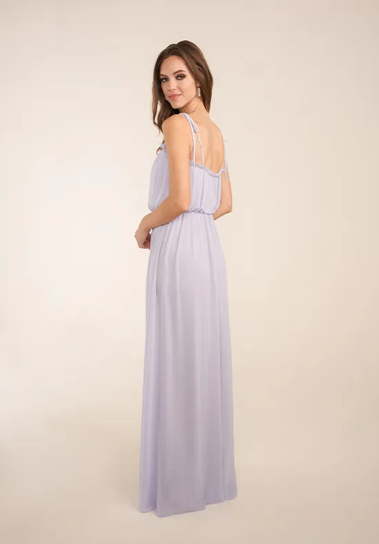 Lavender Chiffon Spaghetti Tie Strap Ruffled Blouson High Slit A-Line Floor Length Bridesmaid Dresses
