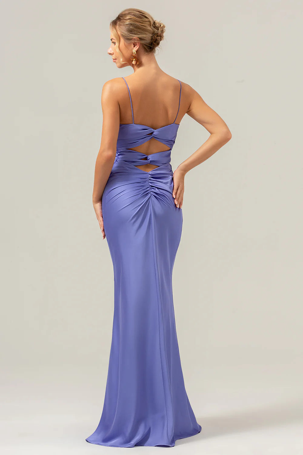 Lavender Flower A-Line Spaghetti Straps Cut Out Pleated Tiered Long Prom Dress