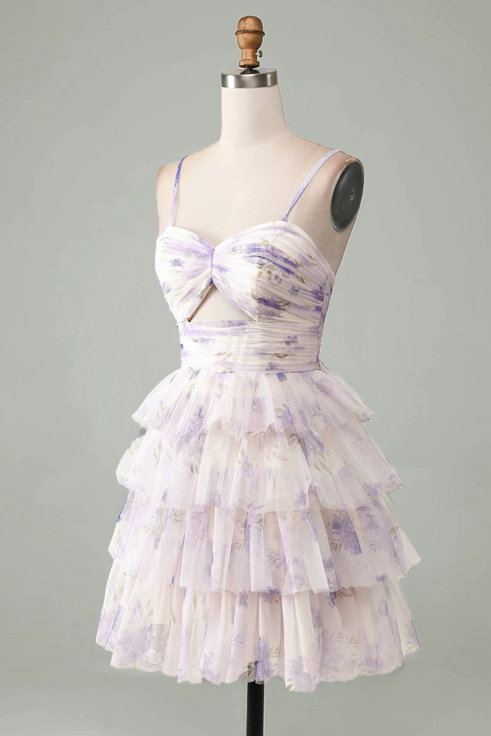 Lavender Flower A-Line Spaghetti Straps Tiered Pleated Short Homecoming Dress