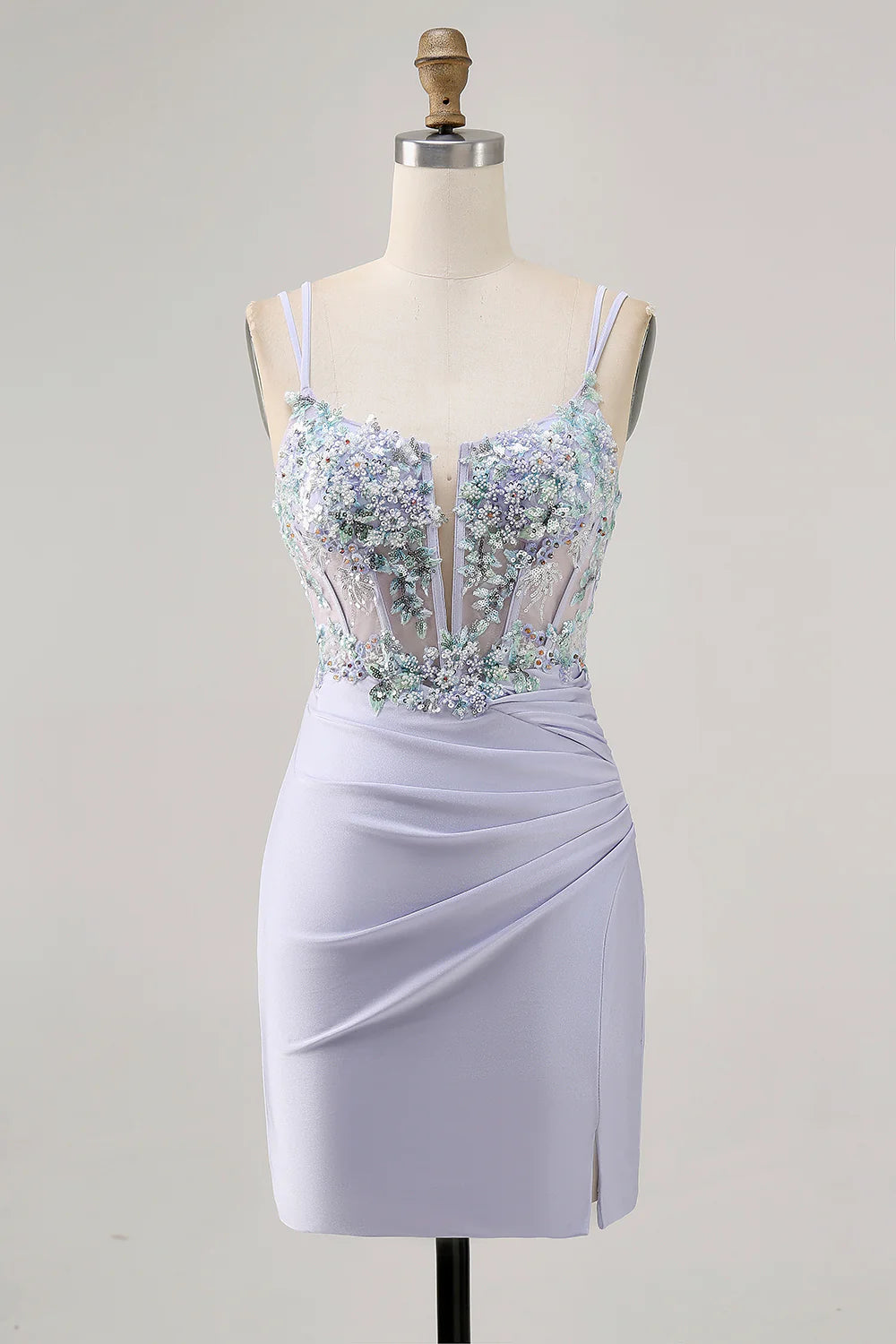 Lavender Satin Floral Corset Short Homecoming Dress with Lace