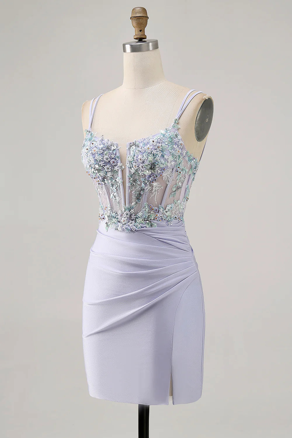Lavender Satin Floral Corset Short Homecoming Dress with Lace