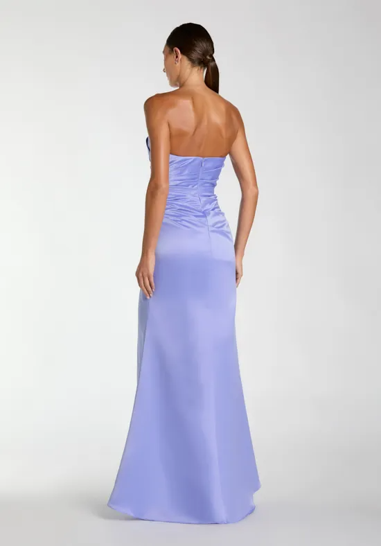 Lavender Satin Strapless Diagonal Ruched High Slit Mermaid Floor Length Bridesmaid Dresses