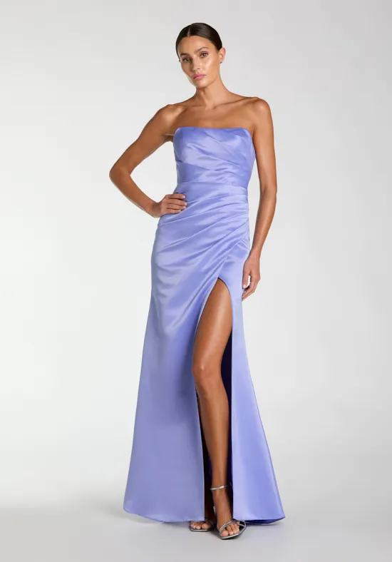 Lavender Satin Strapless Diagonal Ruched High Slit Mermaid Floor Length Bridesmaid Dresses
