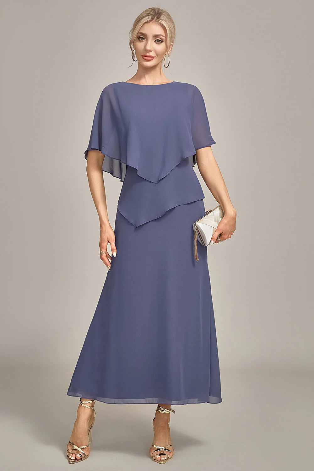 Layered Chiffon Capelet Boat-Neck A-Line Midi Mother of the Bride Dress