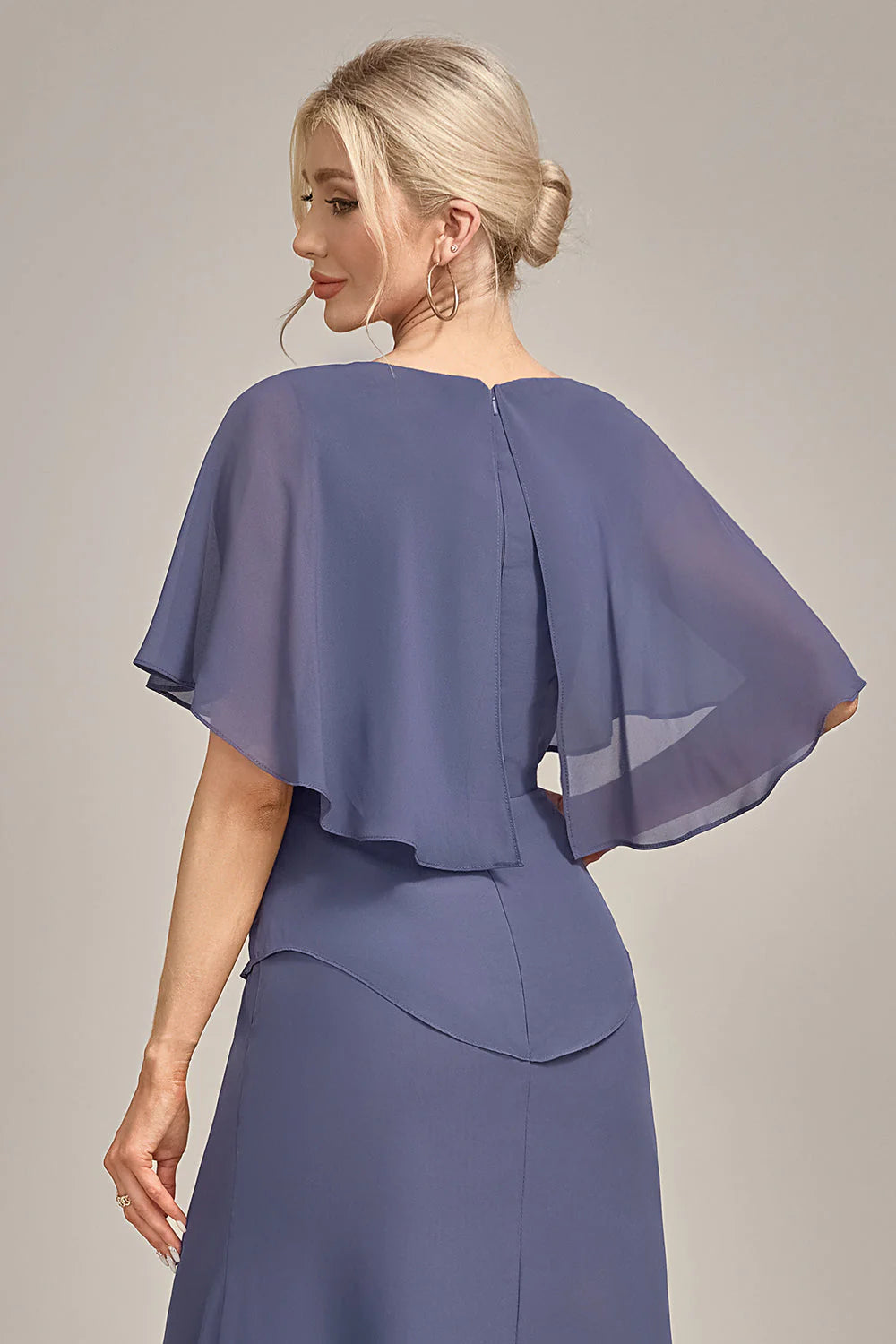 Layered Chiffon Capelet Boat-Neck A-Line Midi Mother of the Bride Dress